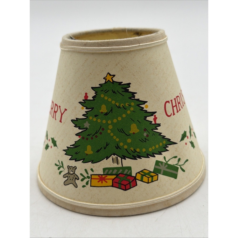 Vtg 1980s 5" Clip On Mini Chandelier Paper Lamp Shade Merry Christmas Holly Tree